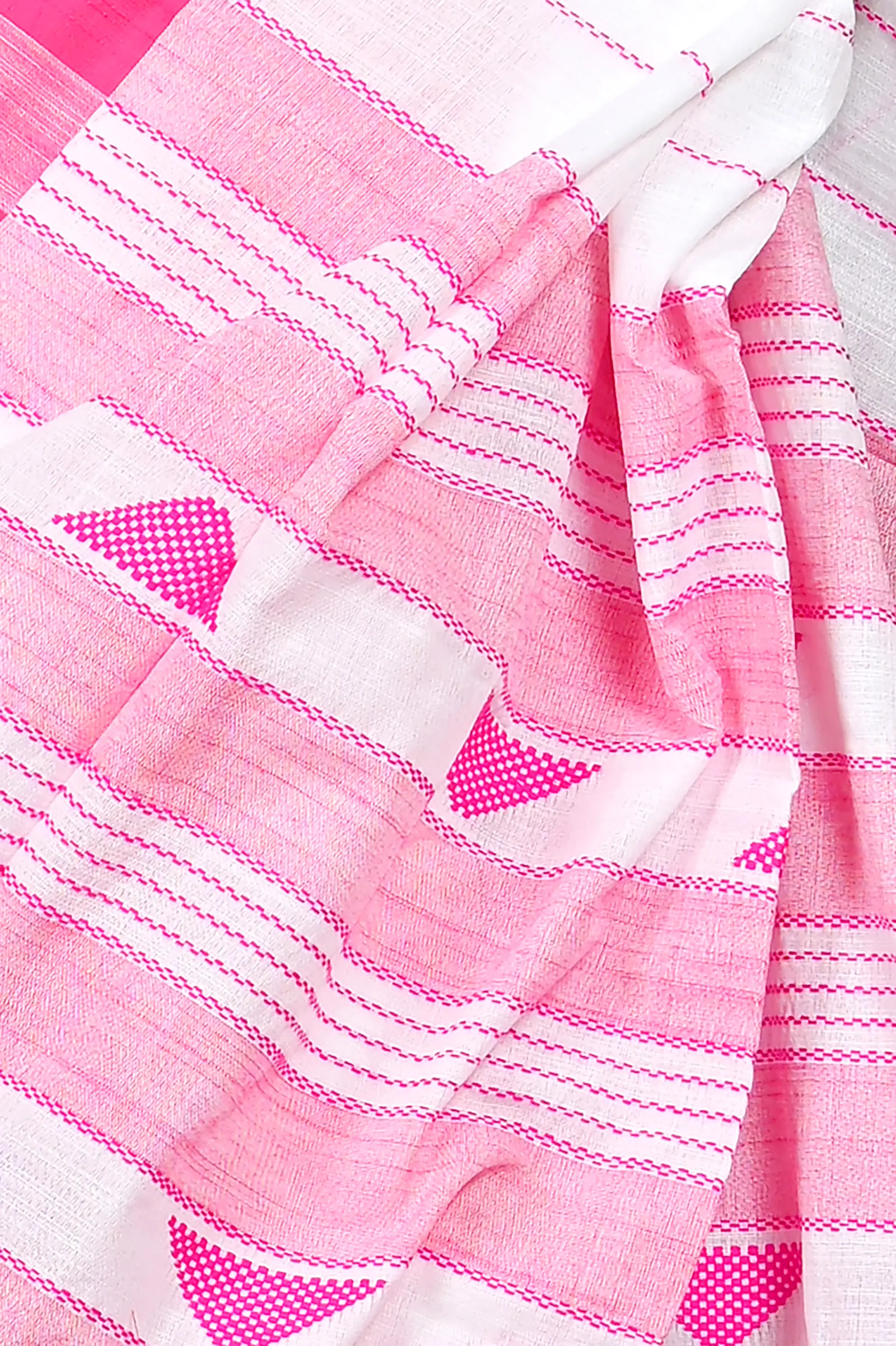 White Pink Cotton Blended Parnika Hand Loom Saree (394)